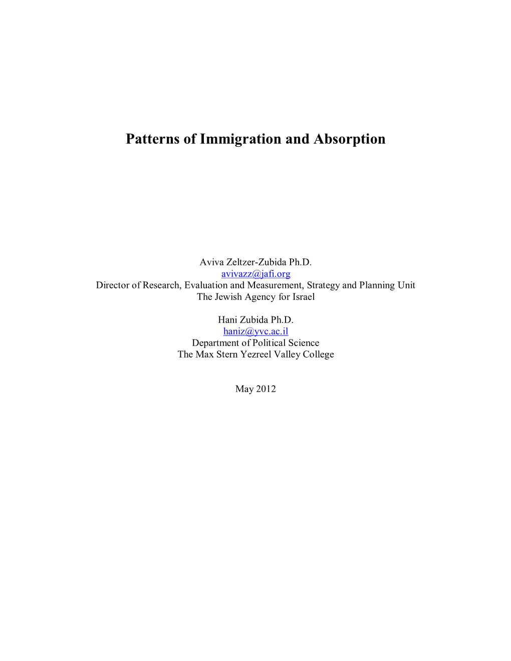 Patterns of Immigration and Absorption