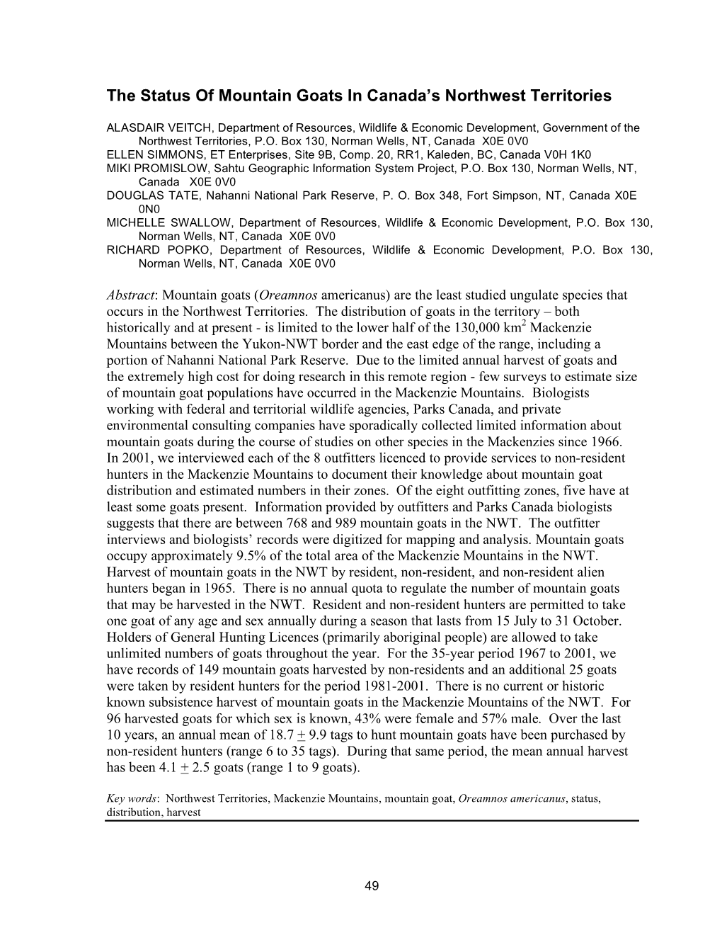 The Status of Mountain Goats in Canada's Northwest Territories