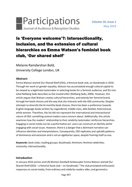 Intersectionality, Inclusion, and the Extension of Cultural Hierarchies on Emma Watson’S Feminist Book Club, ‘Our Shared Shelf’
