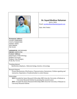 Dr. Sayed Modinur Rahaman (M.Sc, Phd) Email: Sayedmodinurrahaman@Gmail.Com