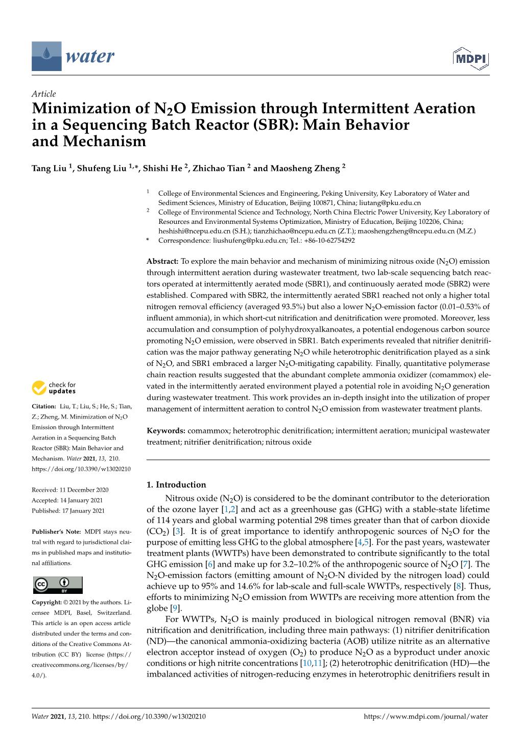 Minimization of N2O Emission Through Intermittent Aeration in a Sequencing Batch Reactor (SBR): Main Behavior and Mechanism