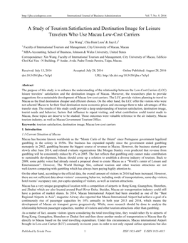A Study of Tourism Satisfaction and Destination Image for Leisure Travelers Who Use Macau Low-Cost Carriers