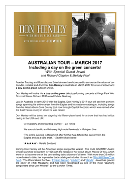 AUSTRALIAN TOUR – MARCH 2017 Including a Day on the Green Concerts! with Special Guest Jewel and Richard Clapton & Melody Pool