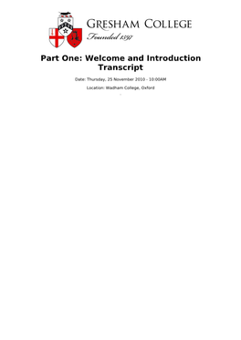 Part One: Welcome and Introduction Transcript