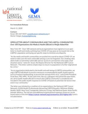 OPEN LETTER ABOUT CORONAVIRUS and the LGBTQ+ COMMUNITIES Over 100 Organizations Ask Media & Health Officials to Weigh Adde