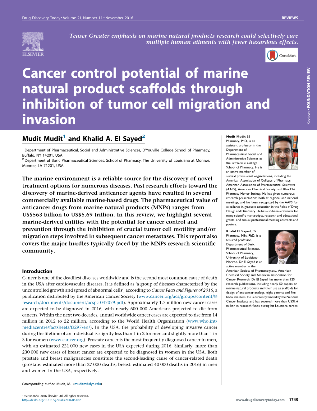 Cancer Control Potential of Marine Natural Product Scaffolds Through