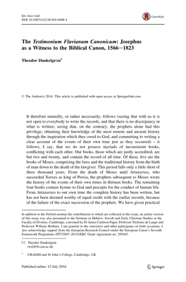 The Testimonium Flavianum Canonicum: Josephus As a Witness to the Biblical Canon, 1566–1823