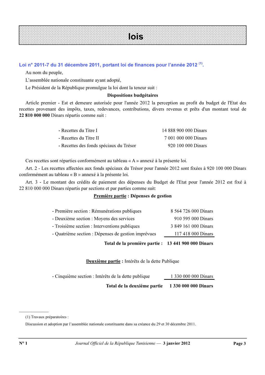 Loi De Finances Pour L'année 2012 Loi 2011-7