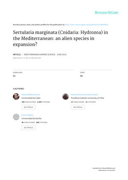 Sertularia Marginata (Cnidaria: Hydrozoa) in the Mediterranean: an Alien Species in Expansion?