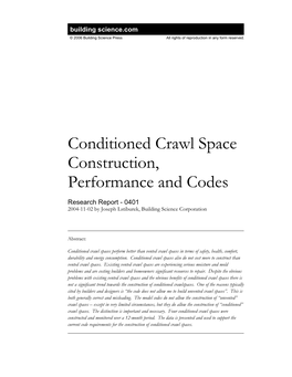 Conditioned Crawl Space Construction, Performance and Codes