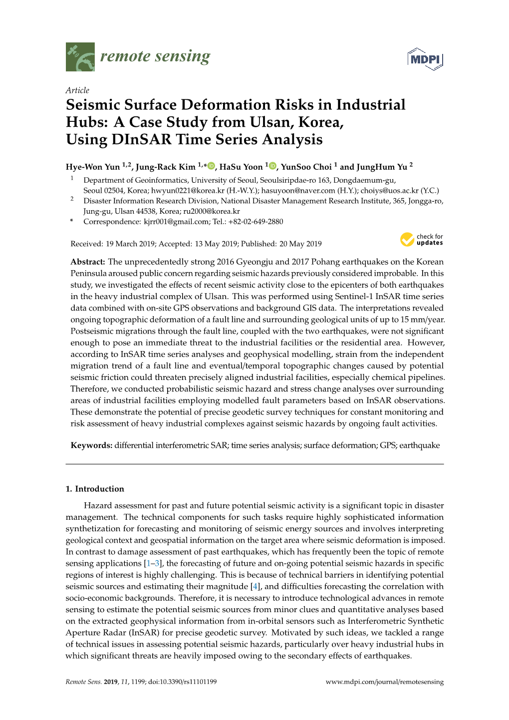 Seismic Surface Deformation Risks in Industrial Hubs: a Case Study from Ulsan, Korea, Using Dinsar Time Series Analysis