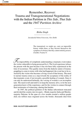 Trauma and Transgenerational Negotiations with the Indian Partition in This Side, That Side and the 1947 Partition Archive