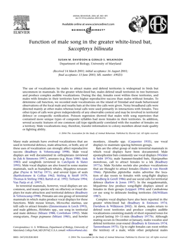 Function of Male Song in the Greater White-Lined Bat, Saccopteryx Bilineata