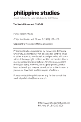 The Sakdal Movement, 1930-34