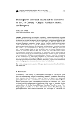 Philosophy of Education in Spain at the Threshold of the 21St Century – Origins, Political Contexts, and Prospects