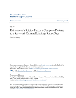 Existence of a Suicide Pact As a Complete Defense to a Survivor's Criminal Liability: State V