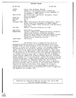 Analysis of the Parental Choice in Education Initiative: a Proposed Constitutional Amendment on the November 2,1993, Ballot