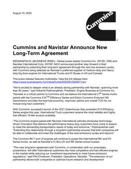 Cummins and Navistar Announce New Long-Term Agreement