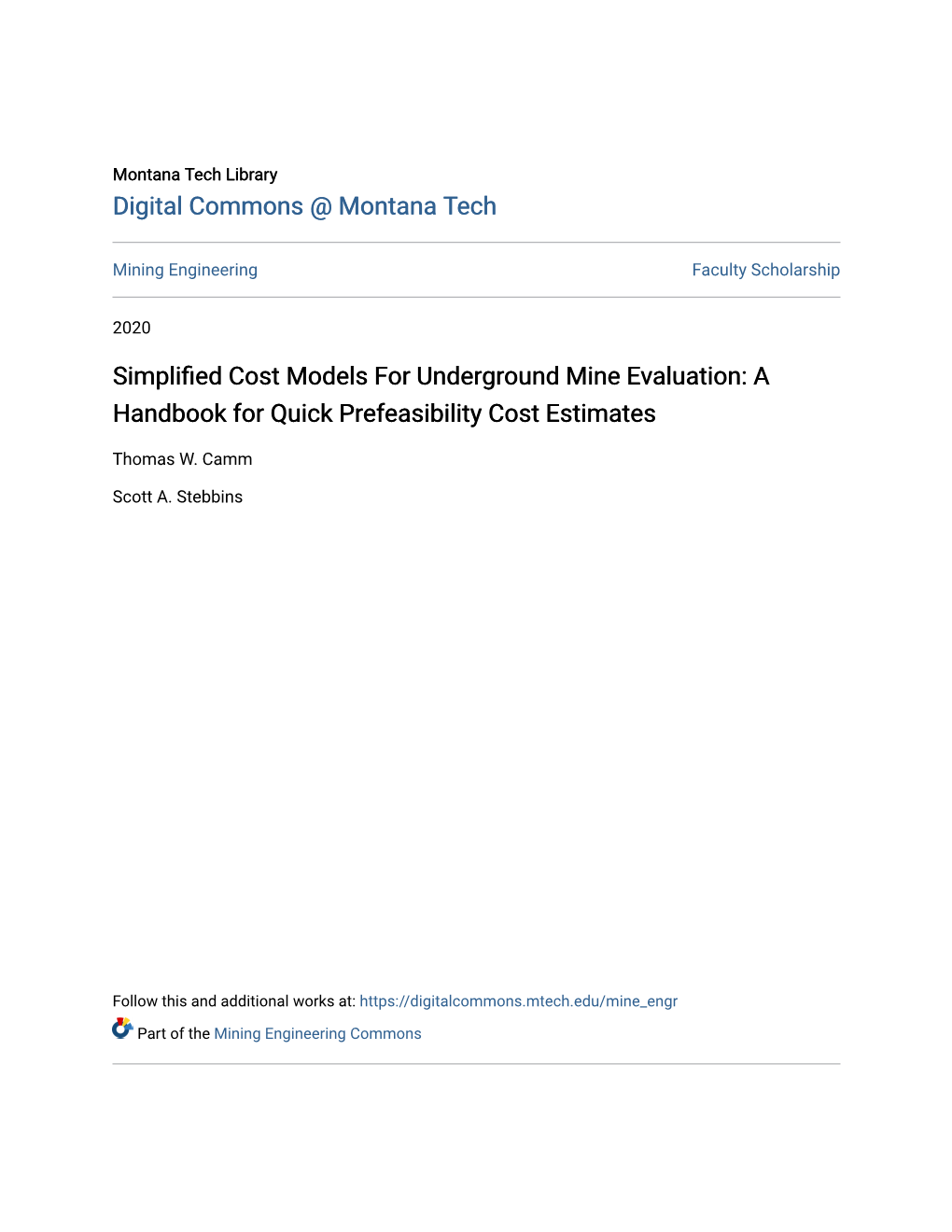 SIMPLIFIED COST MODELS for UNDERGROUND MINE EVALUATION a Handbook for Quick Prefeasibility Cost Estimates