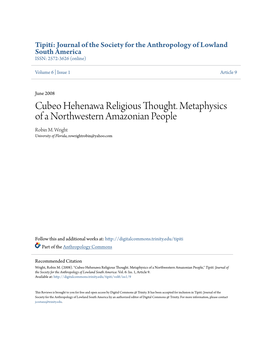 Cubeo Hehenawa Religious Thought. Metaphysics of a Northwestern Amazonian People Robin M