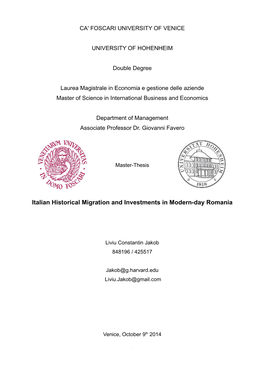 Italian Historical Migration and Investments in Modern-Day Romania