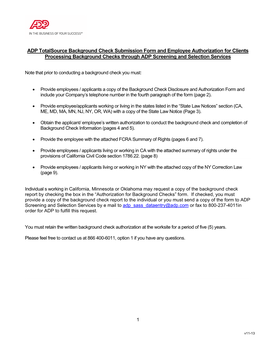 ADP Totalsource Background Check Submission Form and Employee Authorization for Clients Processing Background Checks Through ADP Screening and Selection Services
