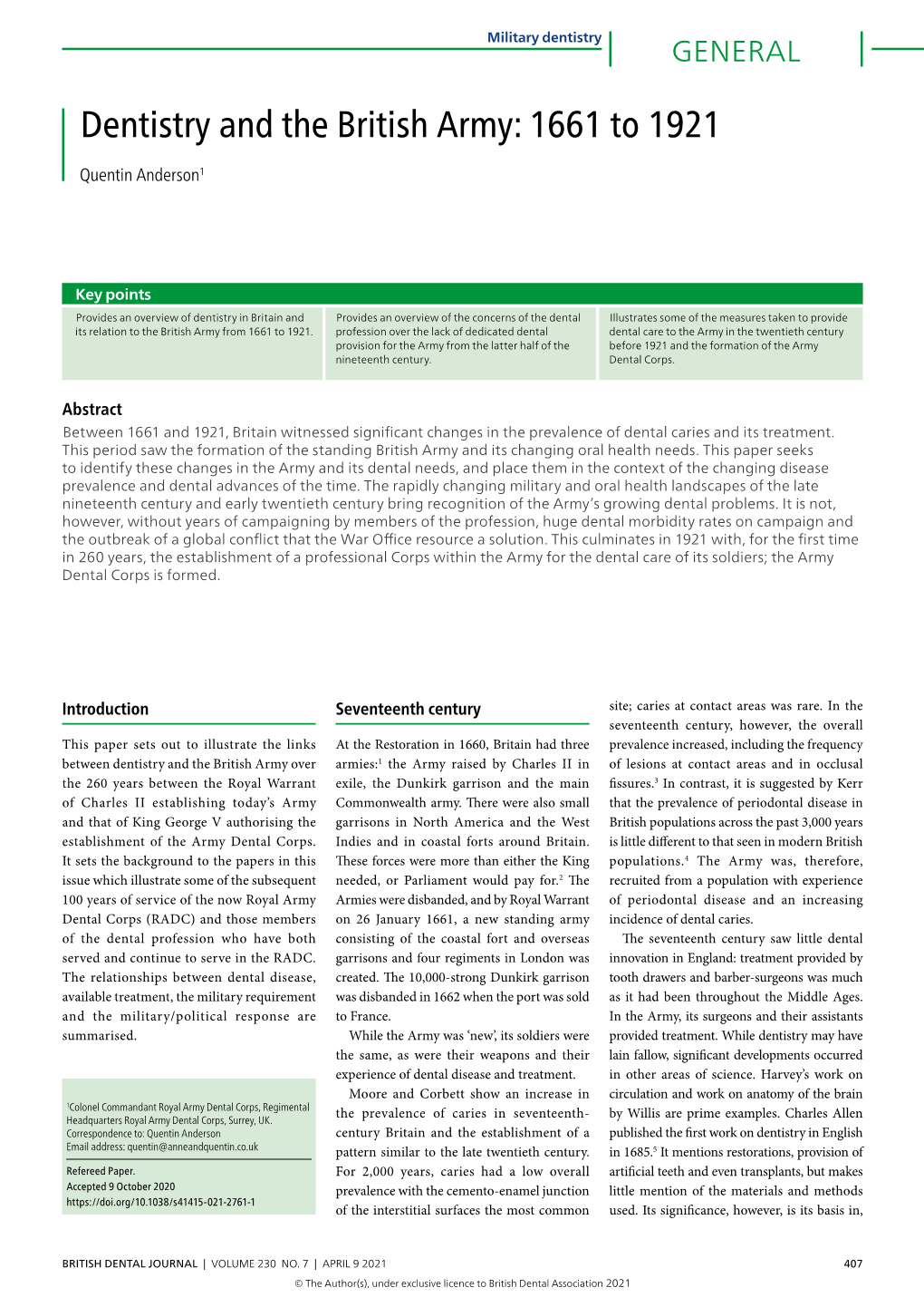 Dentistry and the British Army: 1661 to 1921