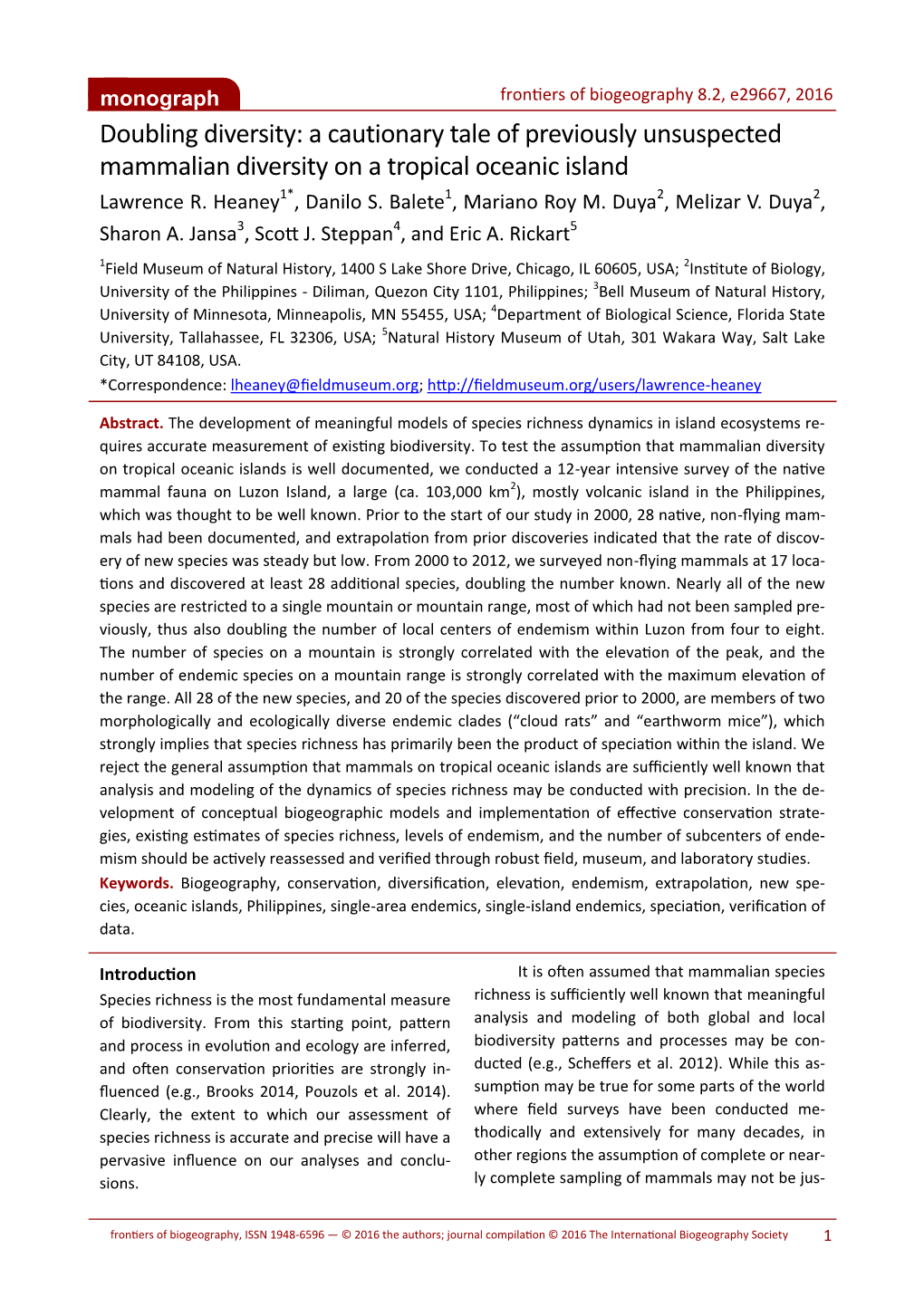 A Cautionary Tale of Previously Unsuspected Mammalian Diversity on a Tropical Oceanic Island Lawrence R