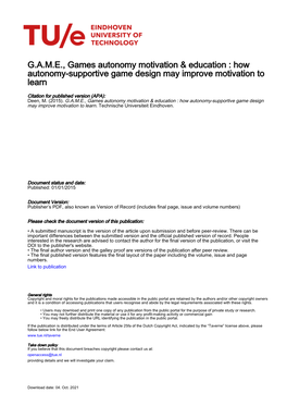 GAME, Games Autonomy Motivation & Education