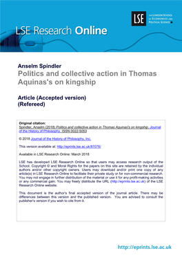 Politics and Collective Action in Thomas Aquinas's on Kingship
