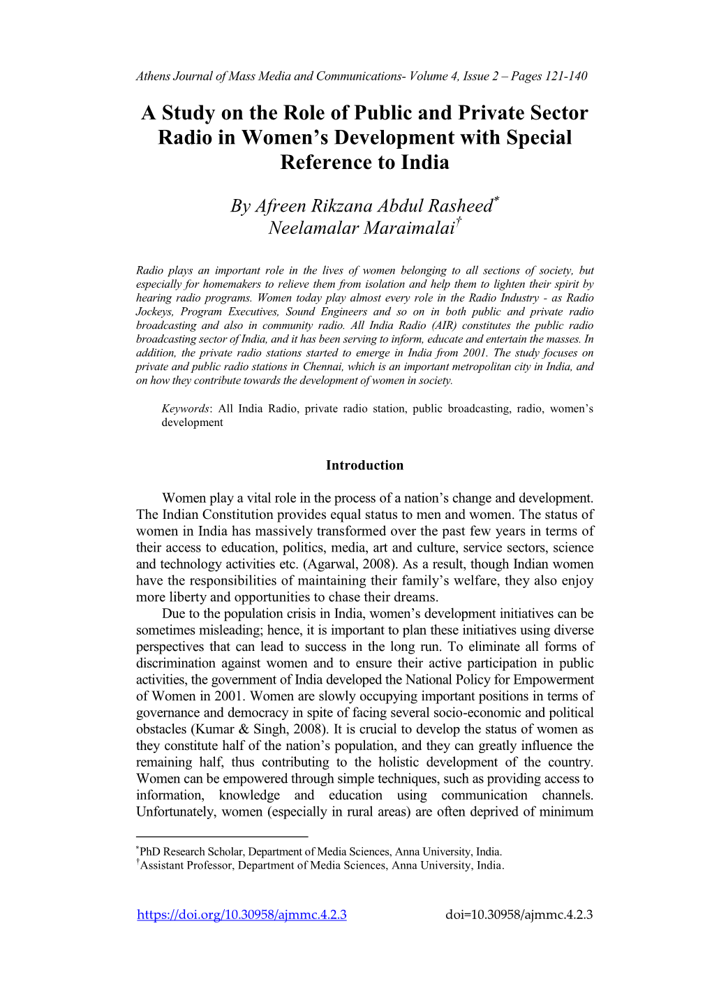 A Study on the Role of Public and Private Sector Radio in Women's