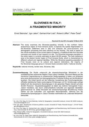 Slovenes in Italy: a Fragmented Minority