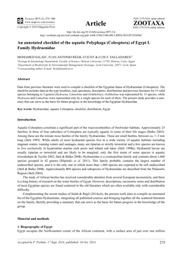 An Annotated Checklist of the Aquatic Polyphaga (Coleoptera) of Egypt I