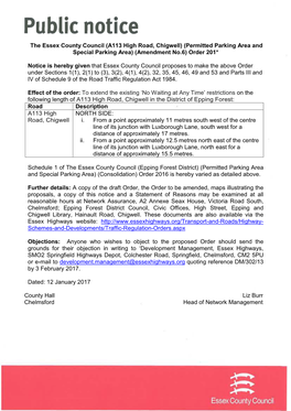 The Essex County Council (A113 High Road, Chigwell) (Permitted Parking Area and Special Parking Area) (Amendment No.6) Order 201*