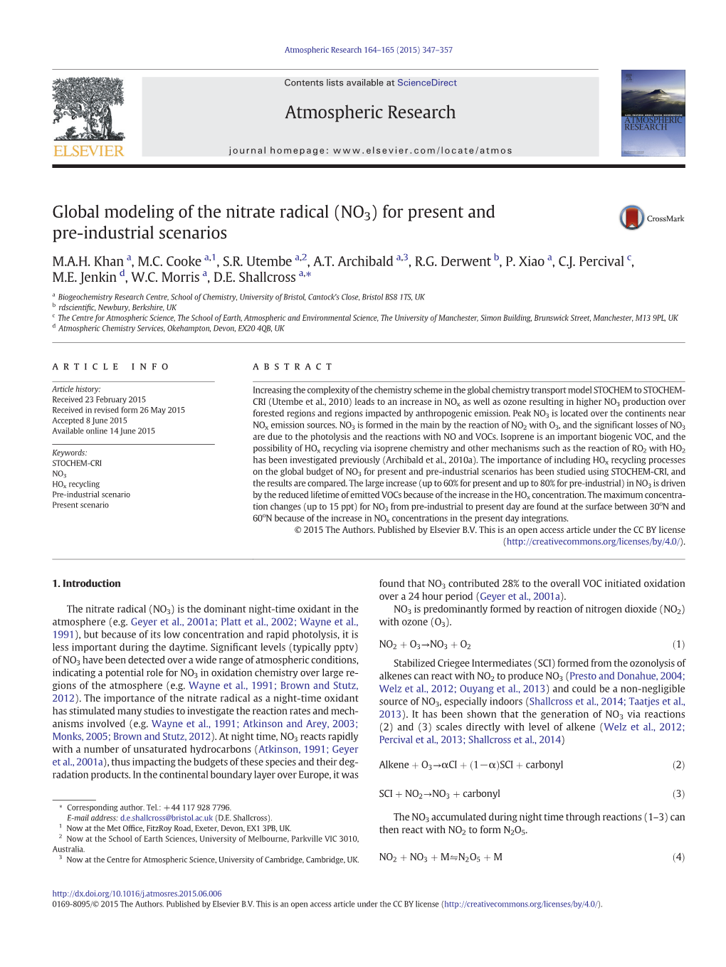 Global Modeling of the Nitrate Radical (NO3)Forpresentand Pre-Industrial Scenarios