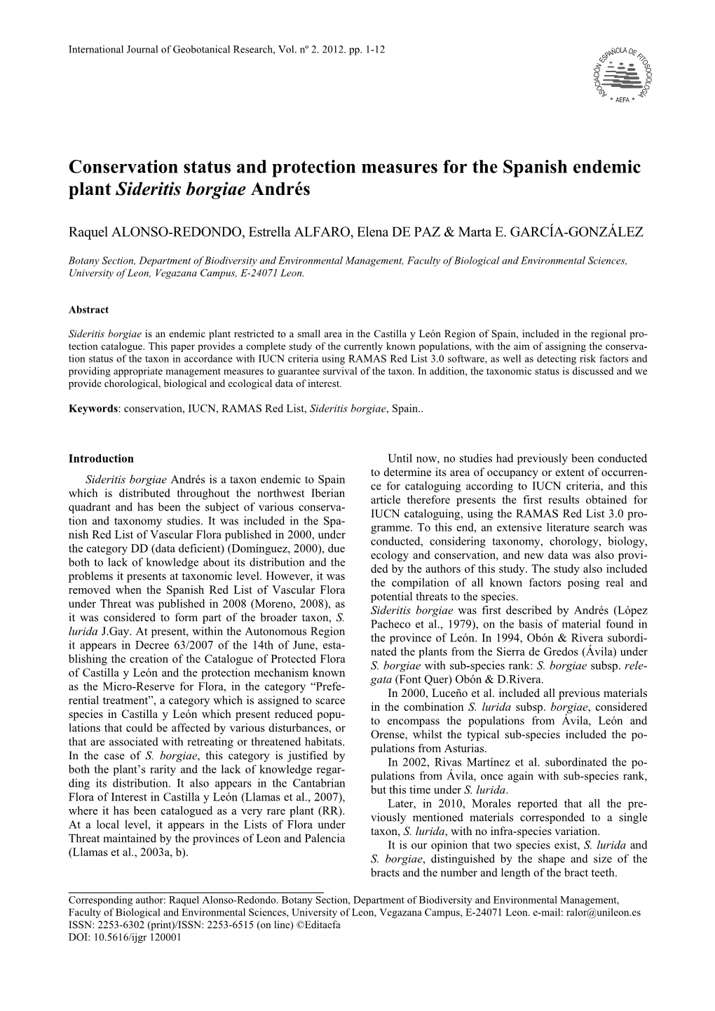 Conservation Status and Protection Measures for the Spanish Endemic Plant Sideritis Borgiae Andrés