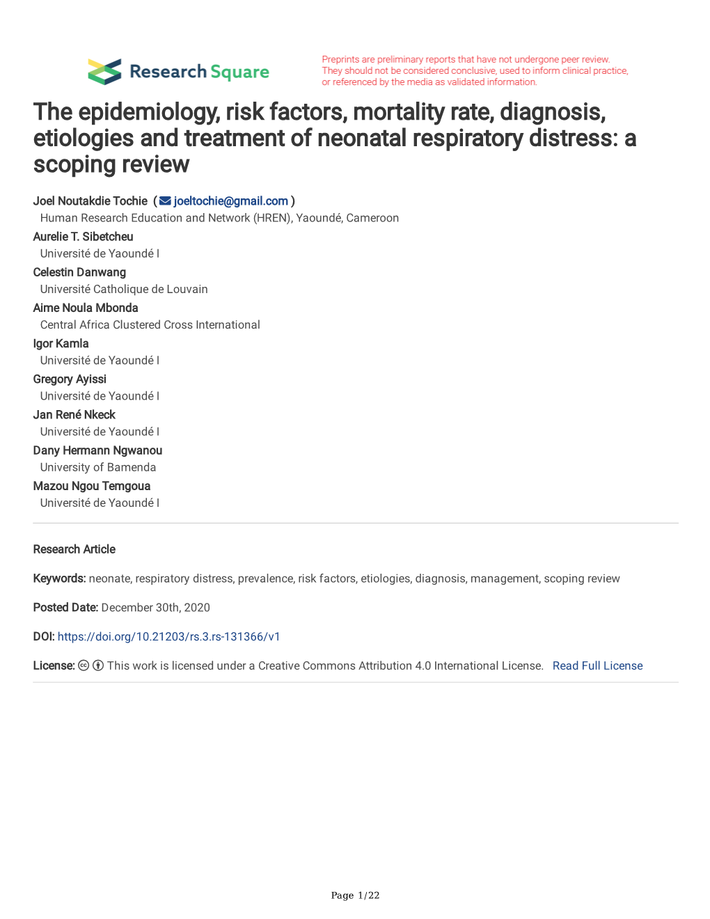 The Epidemiology, Risk Factors, Mortality Rate, Diagnosis, Etiologies and Treatment of Neonatal Respiratory Distress: a Scoping Review