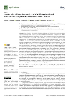 Stevia Rebaudiana (Bertoni) As a Multifunctional and Sustainable Crop for the Mediterranean Climate