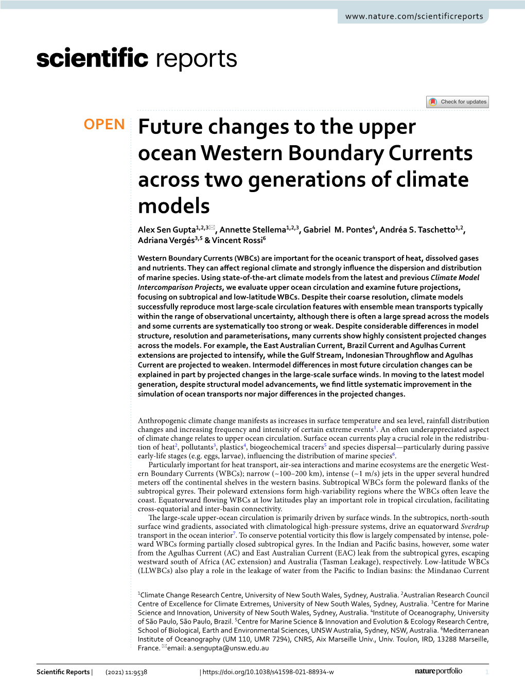 Future Changes to the Upper Ocean Western Boundary Currents Across Two Generations of Climate Models Alex Sen Gupta1,2,3*, Annette Stellema1,2,3, Gabriel M