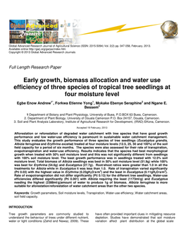 Early Growth, Biomass Allocation and Water Use Efficiency of Three Species of Tropical Tree Seedlings at Four Moisture Level