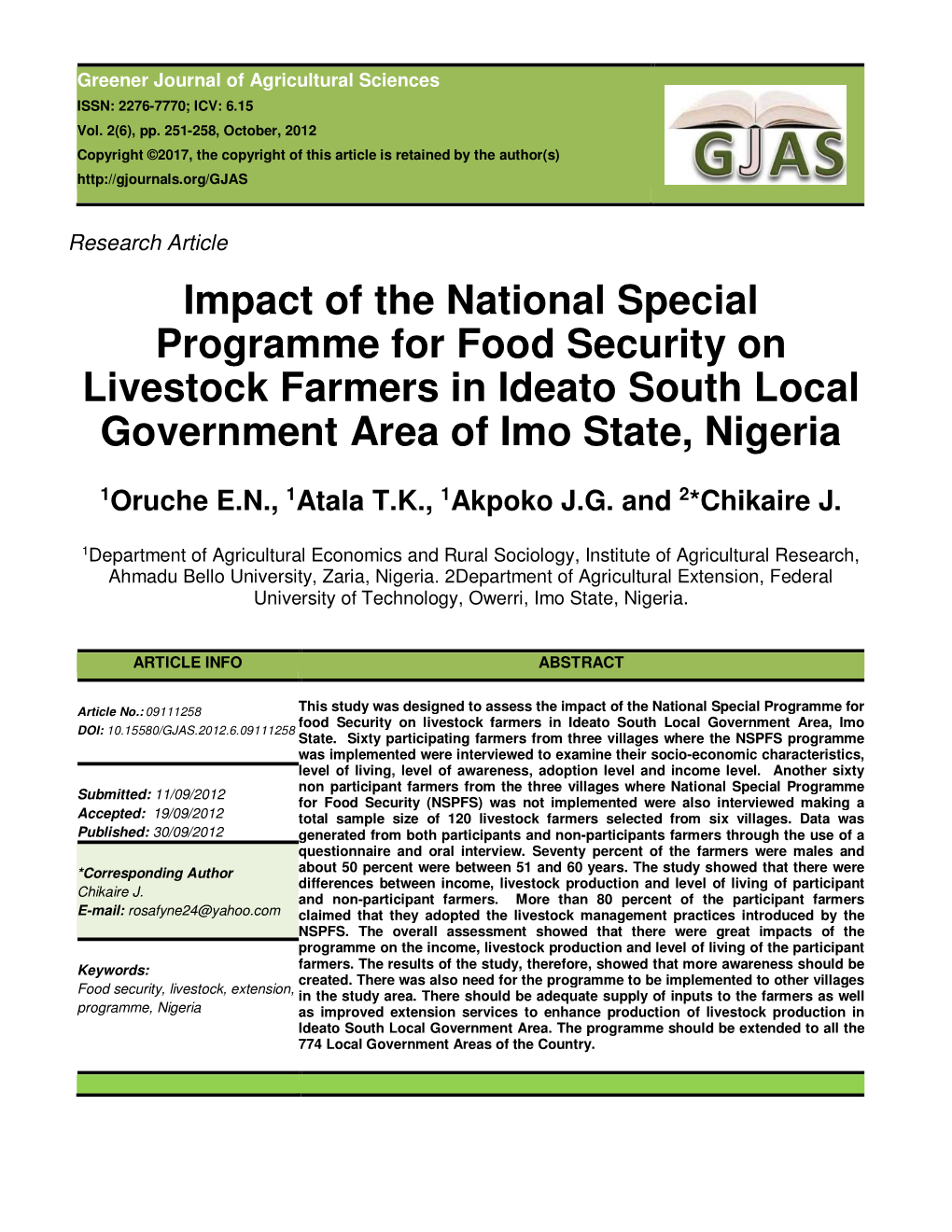 Impact of the National Special Programme for Food Security on Livestock Farmers in Ideato South Local Government Area of Imo State, Nigeria