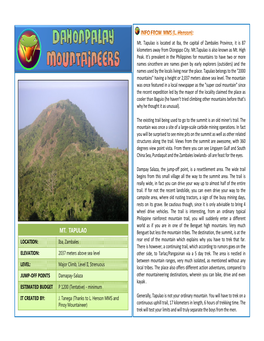 Mt. Tapulao Is Located at Iba, the Capital of Zambales Province, It Is 87 Kilometers Away from Olongapo City