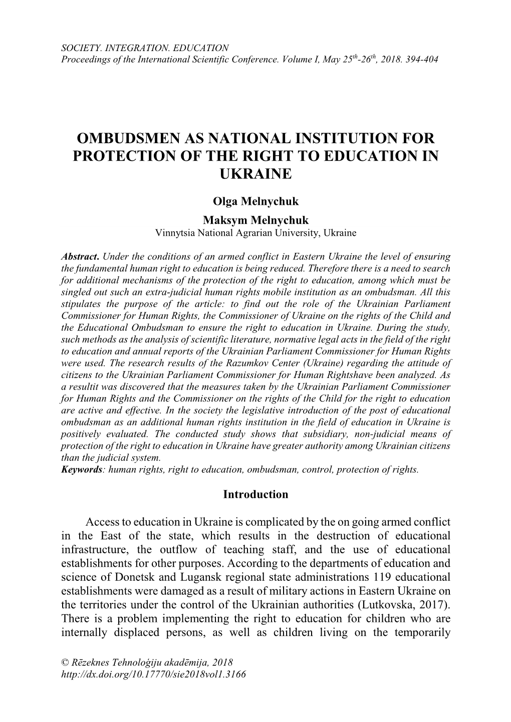 Ombudsmen As National Institution for Protection of the Right to Education in Ukraine