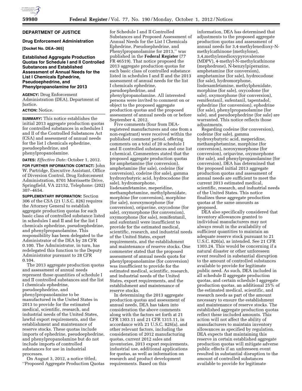 Established Aggregate Production Quotas for Schedule I and II