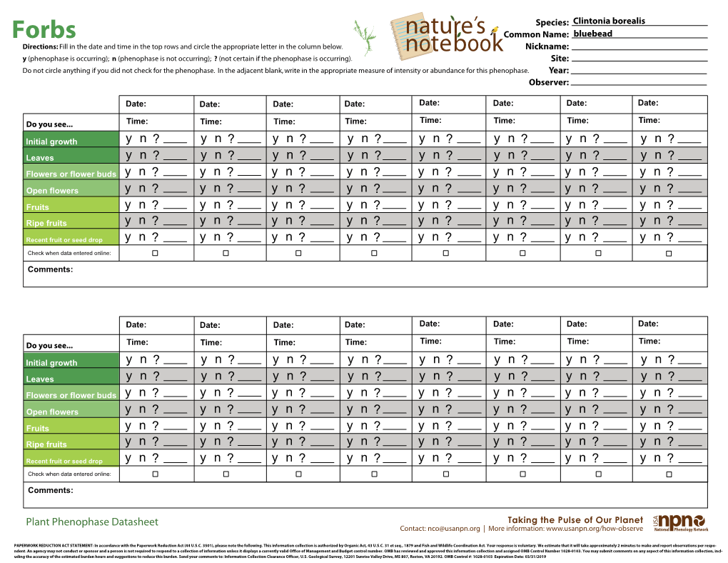 Plant Phenophase Datasheet Contact: Nco@Usanpn.Org | More Information