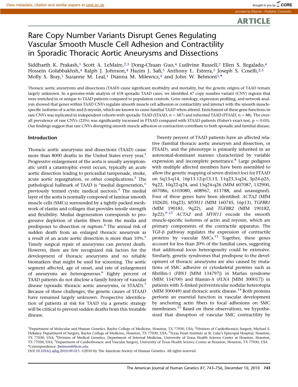 Rare Copy Number Variants Disrupt Genes Regulating Vascular Smooth Muscle Cell Adhesion and Contractility in Sporadic Thoracic Aortic Aneurysms and Dissections