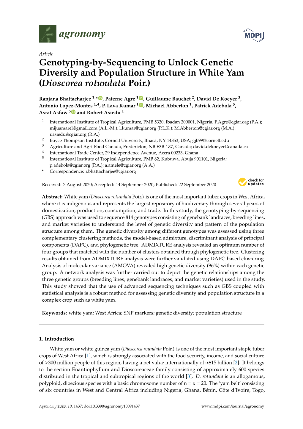 Genotyping-By-Sequencing to Unlock Genetic Diversity and Population Structure in White Yam (Dioscorea Rotundata Poir.)