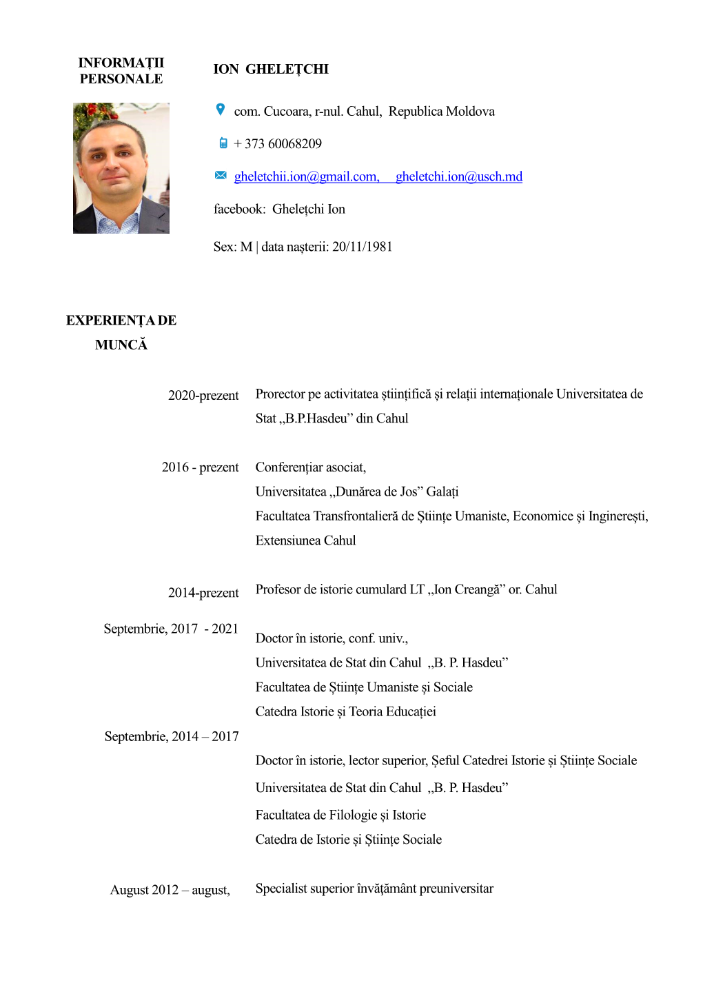 INFORMAȚII PERSONALE ION GHELEȚCHI Com. Cucoara, R-Nul