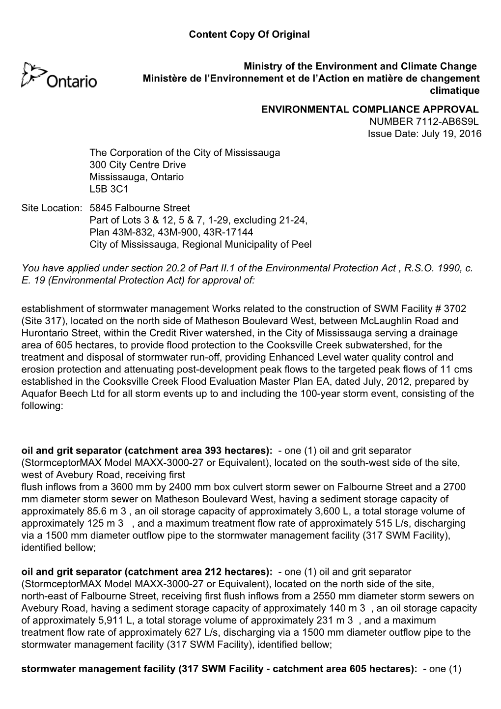 Environmental Compliance Approval 7112-Ab6s9l