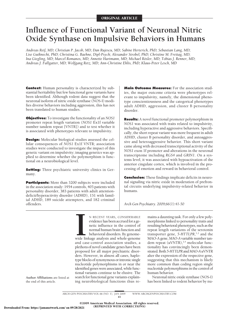 Influence of Functional Variant of Neuronal Nitric Oxide Synthase on Impulsive Behaviors in Humans